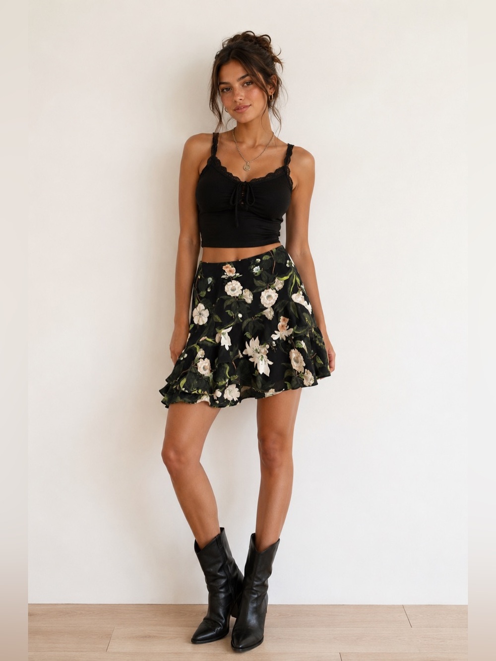 Elanne Rose Floral Tiered Ruffle Mini Skirt Black Size Small Fairycore